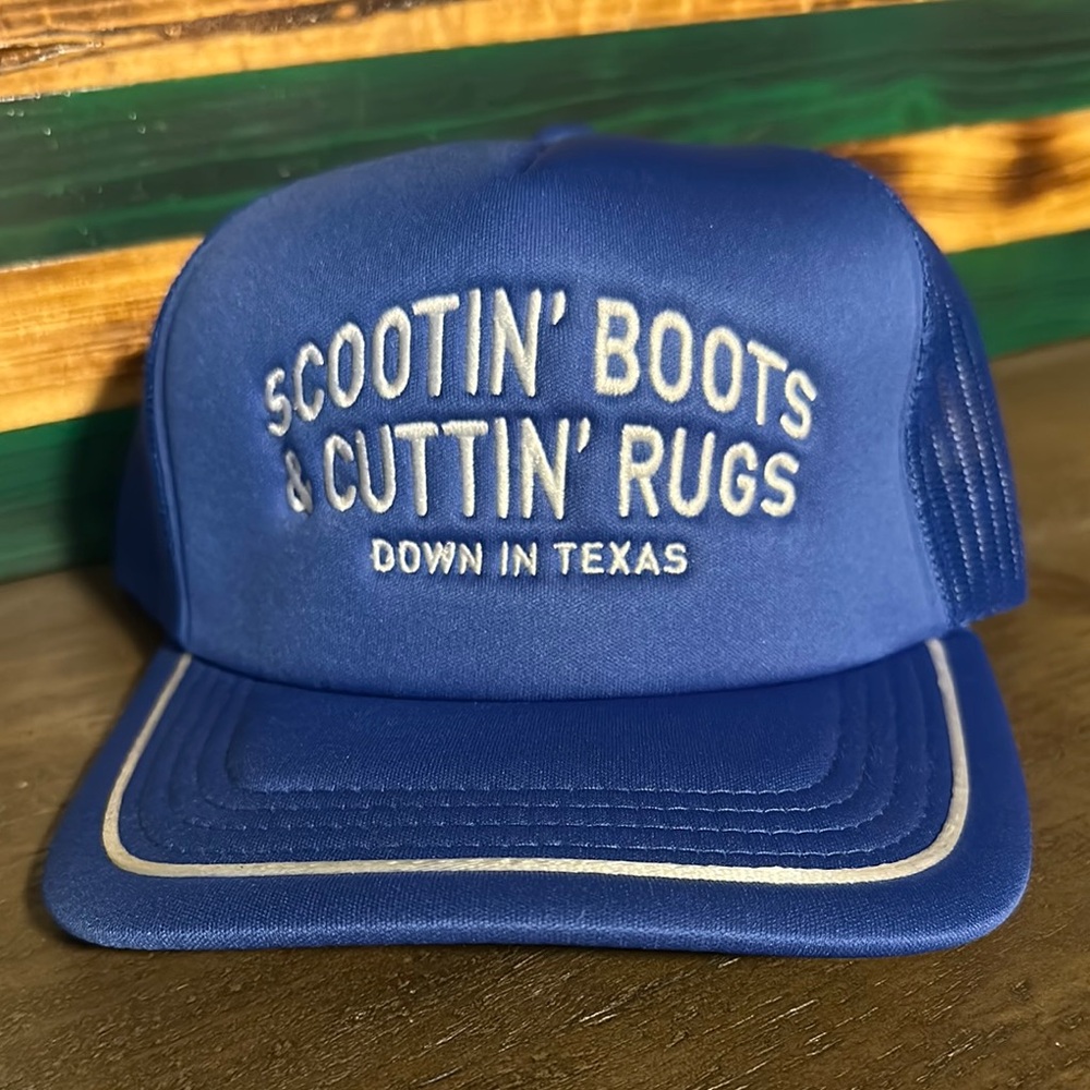 Amigo “Scootin’ Boots” Blue Trucker Hat with Embroidered Text